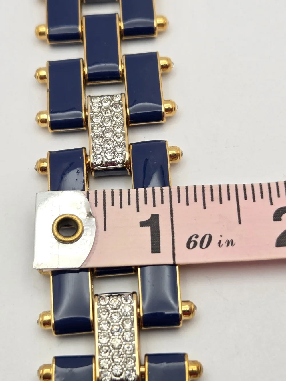 Juicy Couture Navy Blue Enamel Rhinestone Link Bracelet Gold Tone Wide 7
